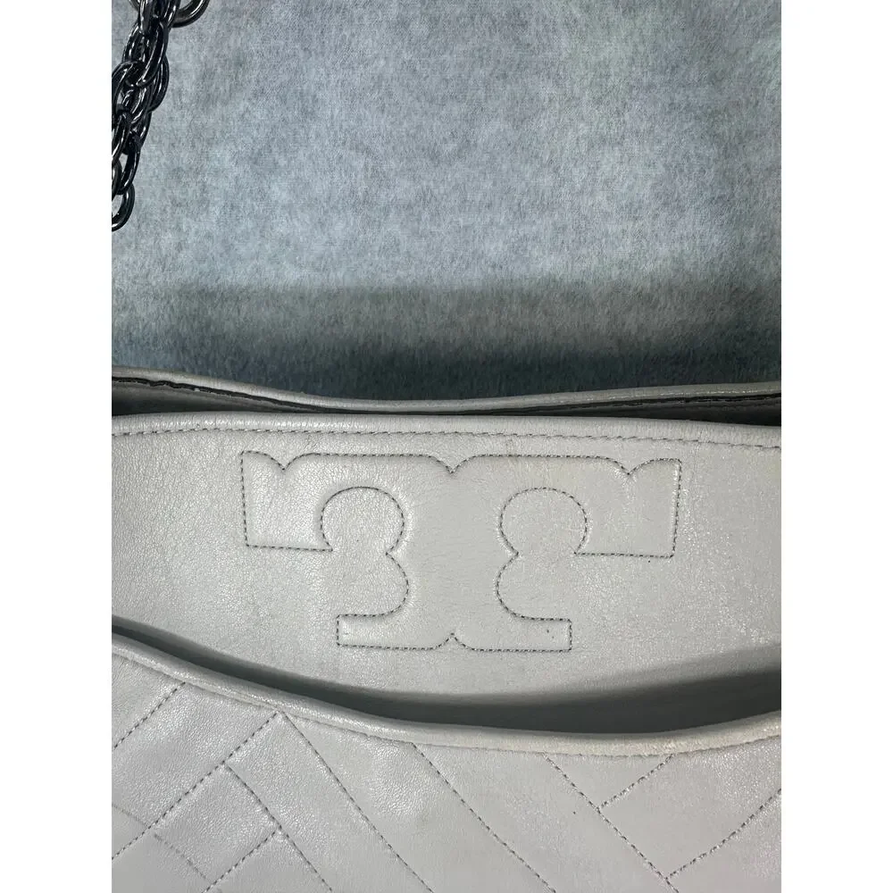 Tory Burch Alexa Quilted Slouchy Soft Leather Tote Purse Grey Pewter Chain